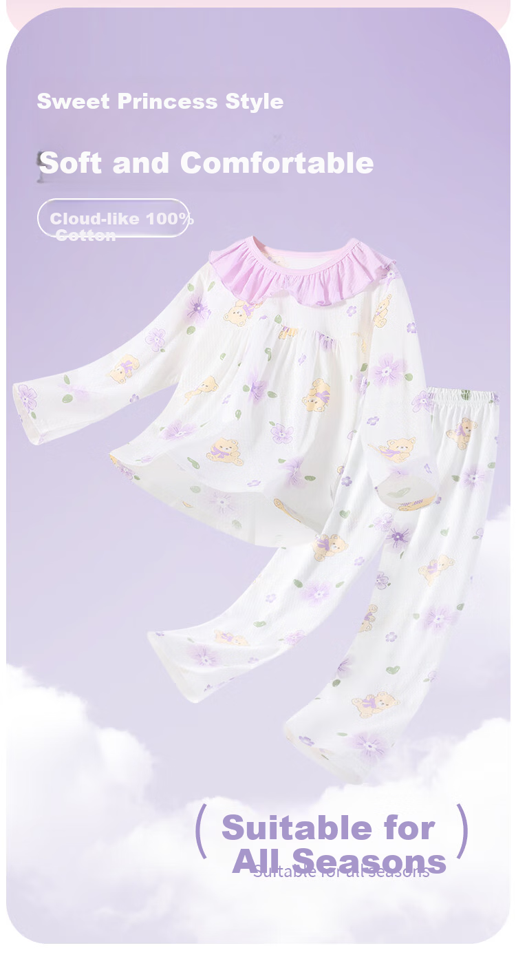 DEESHA [100% Pure Cotton Class A] Children's Pajamas Spring And Summer Lightweight Girls' Loungewear Baby Air Conditioning Suit Set 2