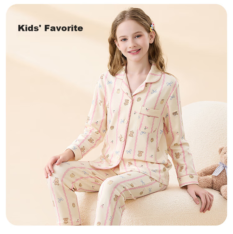 Hodo Children's Pajama Cardigan 100% Cotton Spring Autumn Long Sleeve Class A Big Kids New Girls Long Sleeve Homewear Set 13
