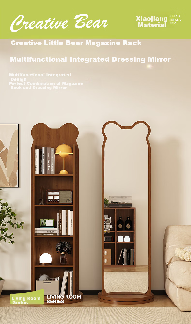 XIAOJIANGCAI Full-Length Floor Mirror with Bookshelf, Rotatable and Mobile Dressing Mirror with Storage, Black, 165*36cm 2