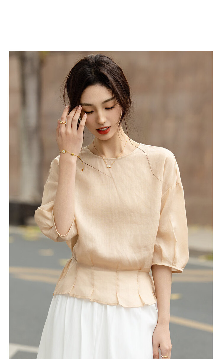 Demana [Ramie Lyocell Blend] Summer Elegant Round Neck Tie Loose Slimming Concealing Shirt for Women High-End Feel 11