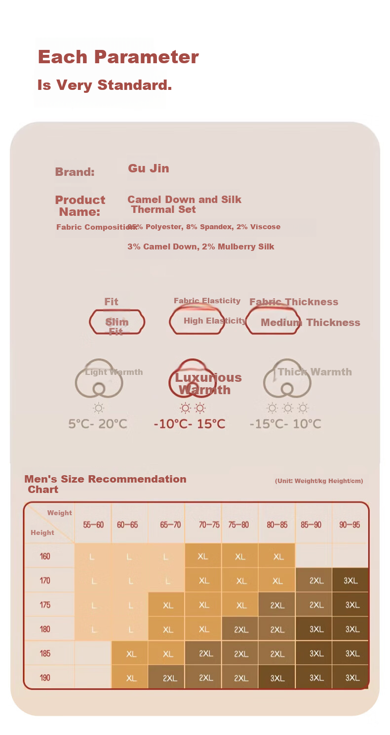 GUJIN Men's Thermal Set Camel Hair Silk Autumn Winter Base Layer Fleece Lined Quick Warm Antibacterial 10A 17