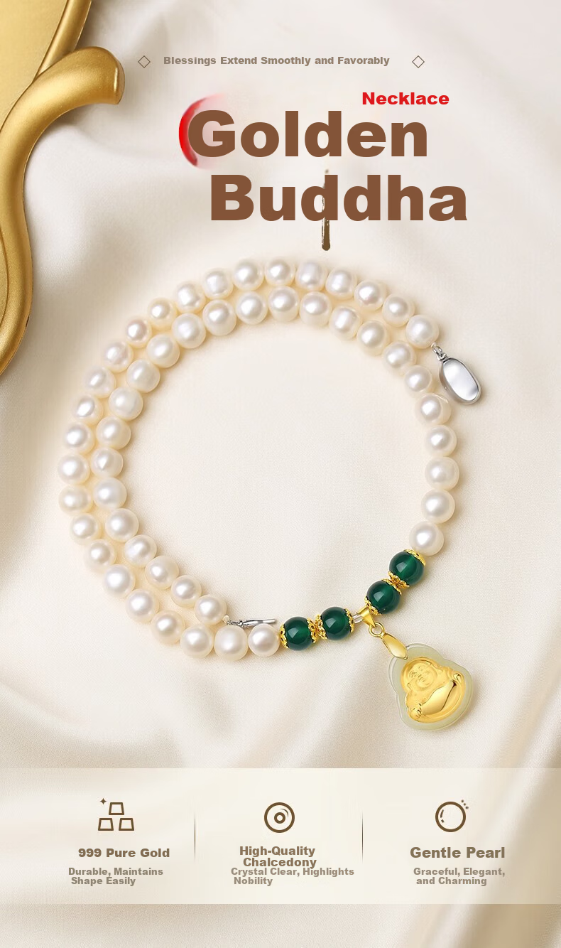 Chow Tai King Freshwater Pearl Necklace for Women, Gold Inlaid Jade Buddha Pendant, Mother's Day Gift for Mom and Elders, Birthday Present 1