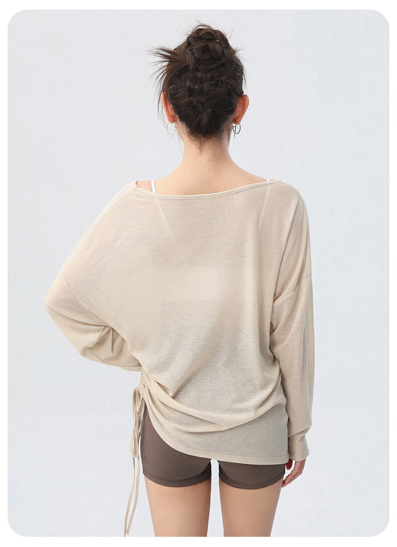 Langsha Loose Yoga Shirt Women V-Neck Tie Lazy Style Side Drawstring Running Sports Long Sleeve Fitness Top 14