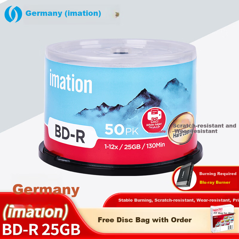 IMATION Laide BD-R Blu-ray 25GB 12X High Capacity Waterproof Quick-Dry Printable Blank Disc Customizable Surface Video Archive Storage 50-Pack Spindle