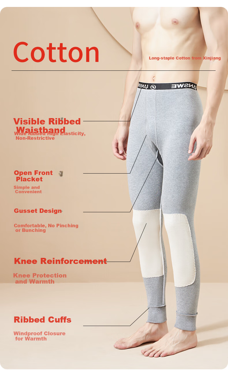 Langsha Pure Cotton Men's Thermal Underwear 10A Antibacterial Wool Silk Heating Knee Support Autumn Winter Warm Cotton Wool Base Pants 5