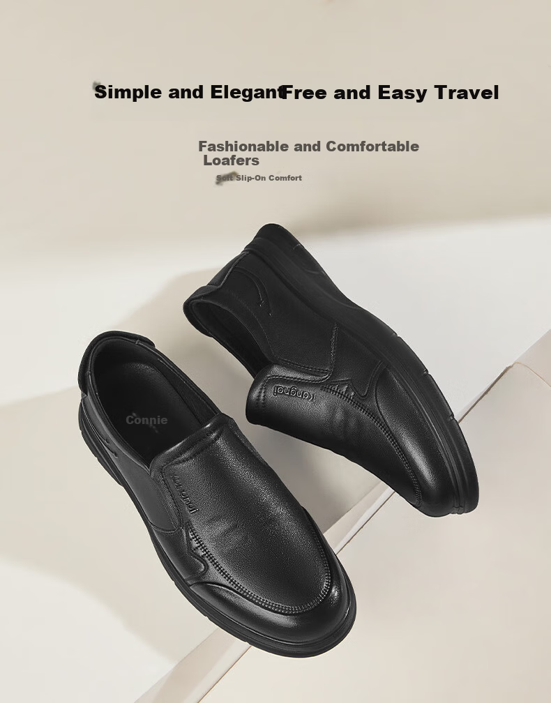 Connai Slip-On Business Casual Shoes Simple Comfortable Lazy Shoes Daily Men's Youth Round Toe Full Grain Leather Black 44 1
