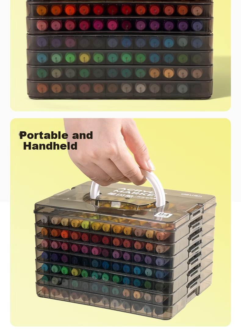 Deli 36-Color Children's Student Stacking Box Star Flash Cabin Round Acrylic Markers Watercolor Pens Birthday Gift Waterproof Hand-painted Gouache Fluorescent Markers New Year Tree Graffiti 12