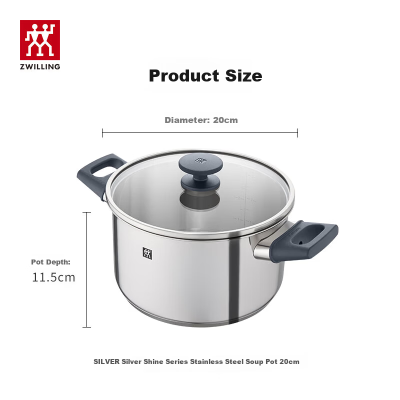 ZWILLING Stainless Steel Soup Pot 0 Coating Cooking Pot Household Double Handle Stew Pot Anti-Scald Noodle Porridge Pot Silver Soup Pot 20cm