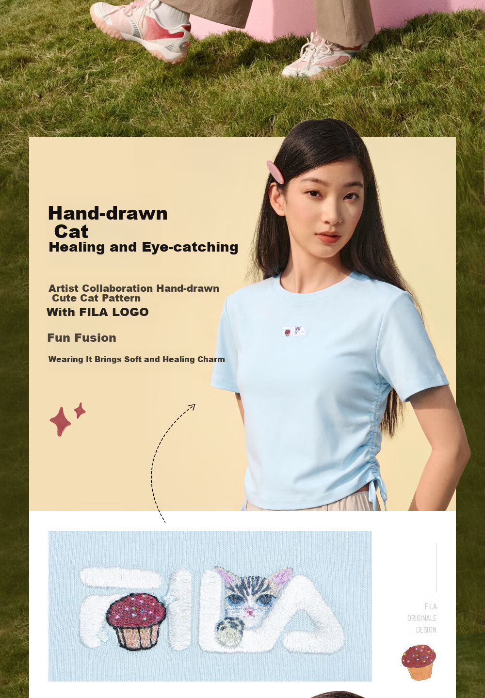 FILA Yang Mi Same Style Knitted Short Sleeve Shirt Women 2026 Summer Side Drawstring Fashion Casual Embroidered Logo Slim T-Shirt 4