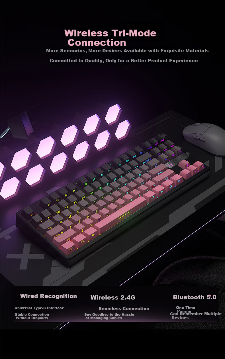 HP GT87 Custom Wireless Tri-Mode Bluetooth Gaming And E-Sports Dedicated Computer Keyboard with White Equal Height Lines And Glass Switches 9