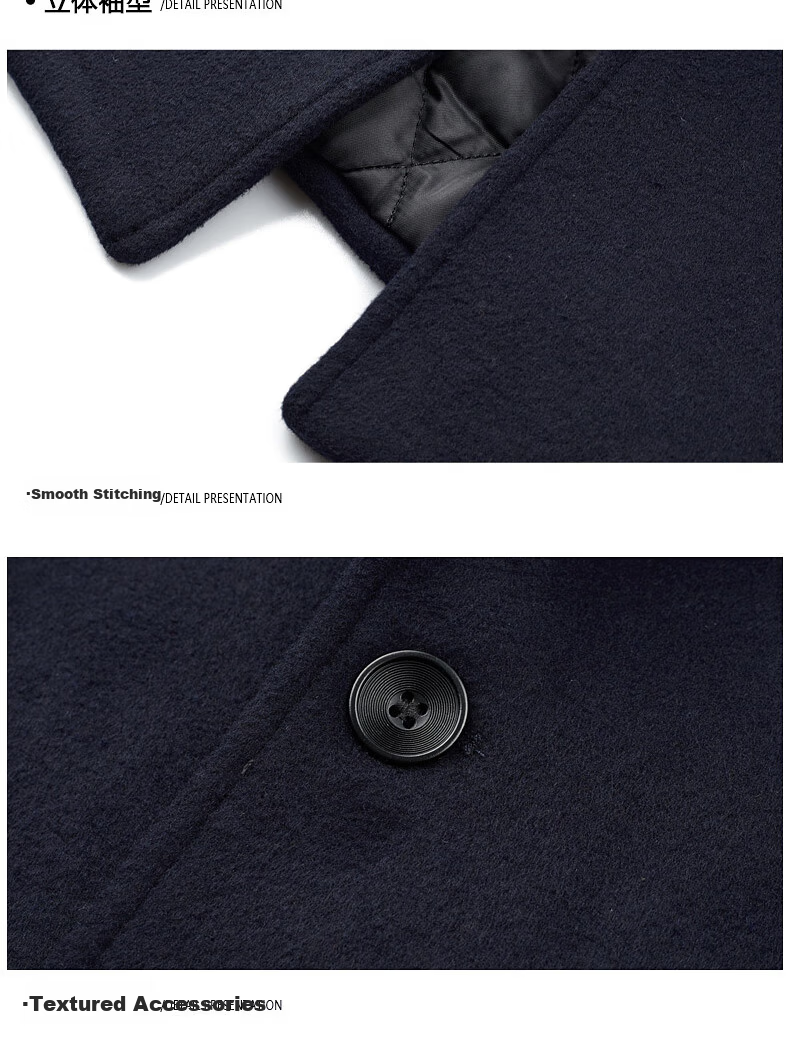 ROMON Autumn Winter Woolen Coat Business Casual Trendy Men's Trench Coat 1930 Navy Blue 2XL 15