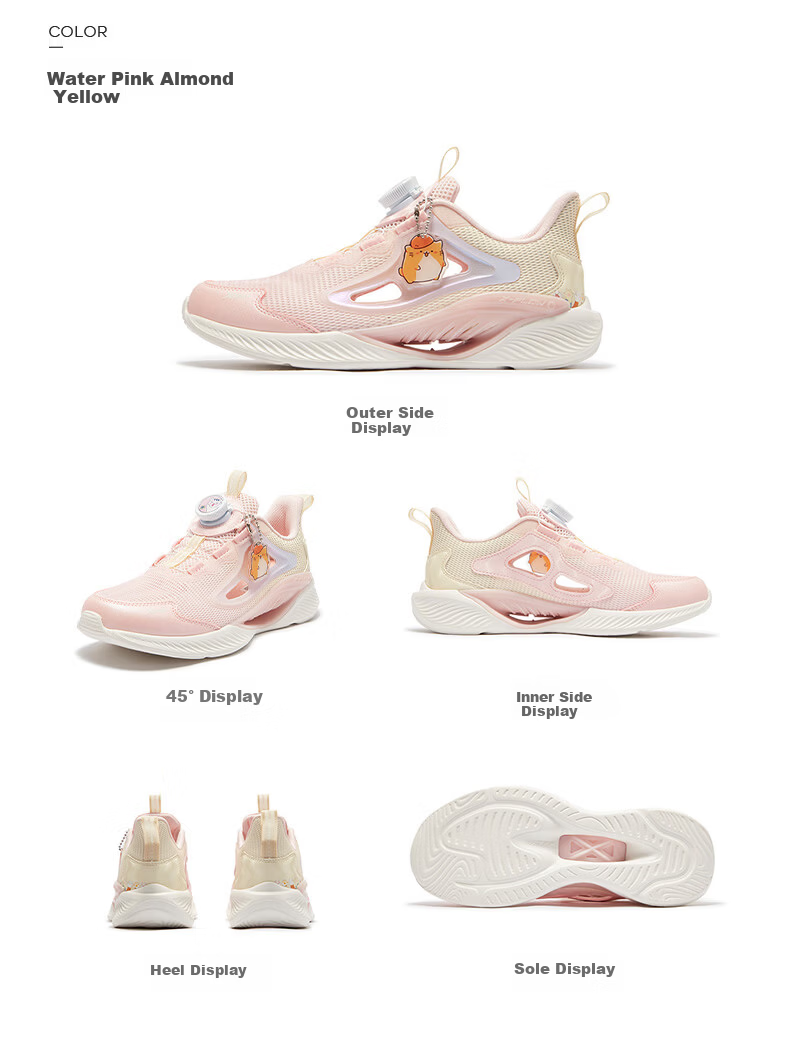 XTEP Children's Shoes [Hydrogen Wind 8.0 Foot Protection] Breathable Cage Rotating Buckle Running Shoes, Light Pink/almond Yellow, Size 27 25