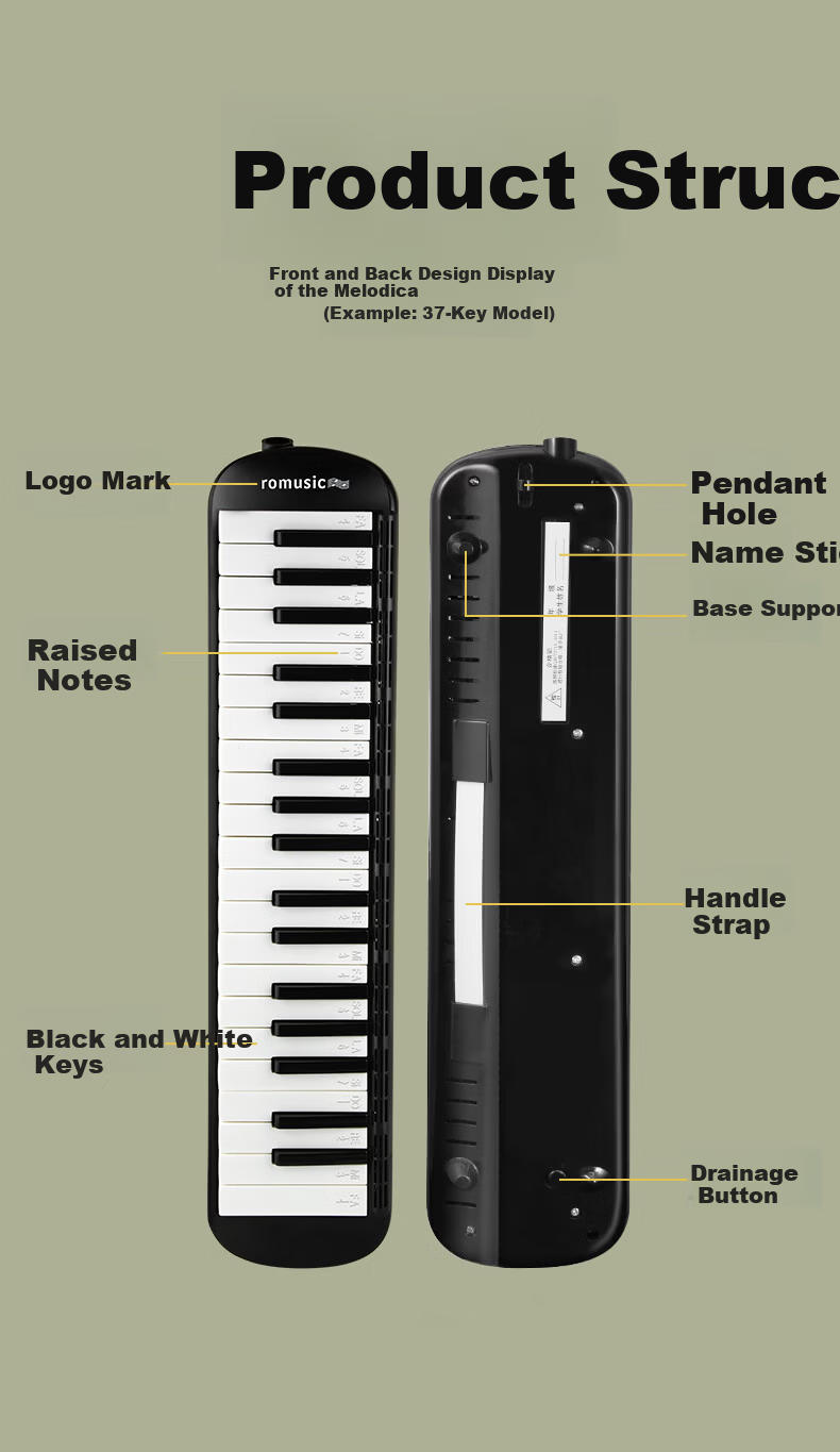 Romusic 37-Key Melodica for Elementary School Students, Black, Beginner Wind Keyboard Instrument for Children 14