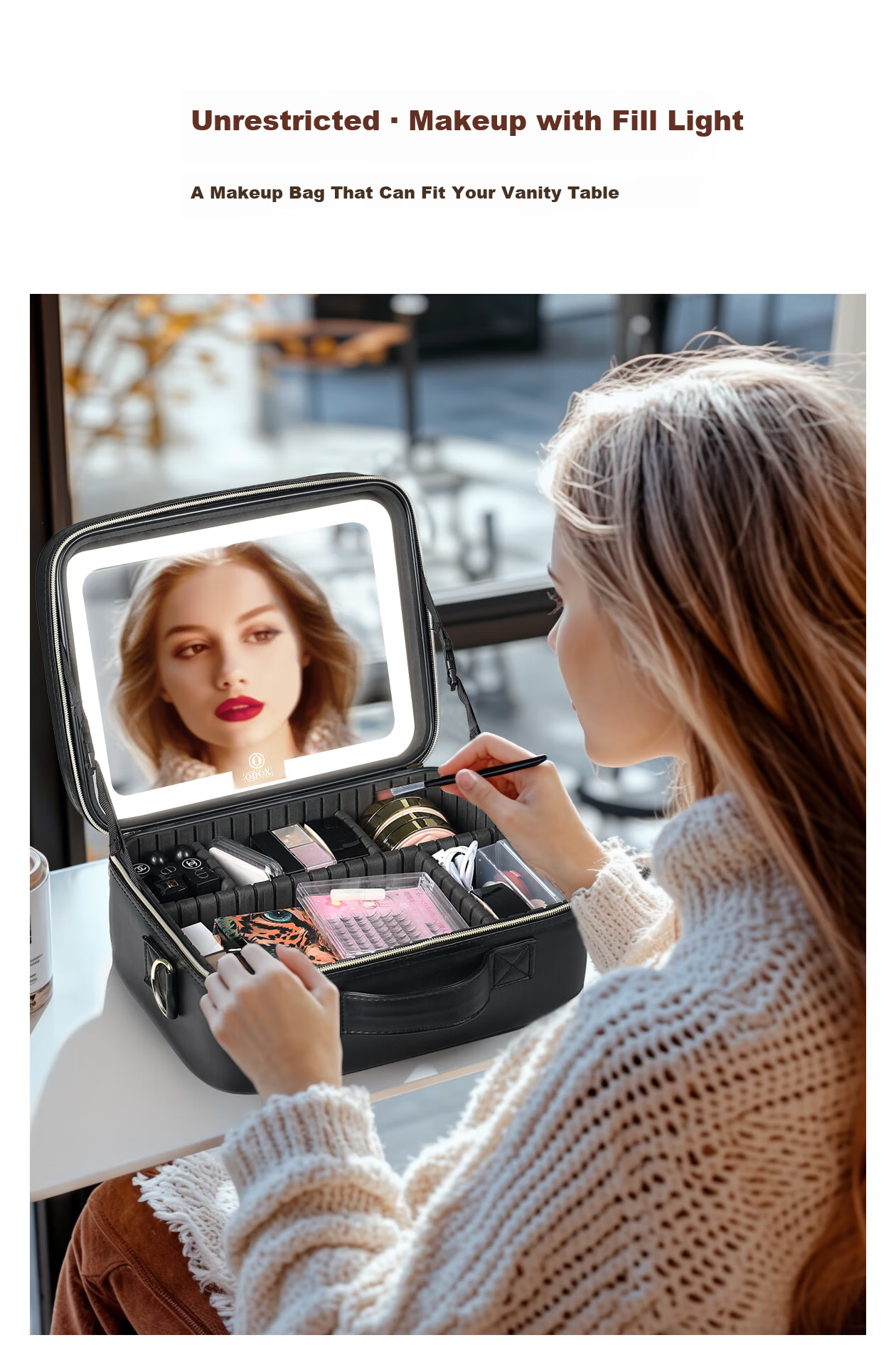 OBOX LED Lighted Makeup Bag with Mirror Large Capacity [Plaid Style] Black 12-inch Makeup Bag 4