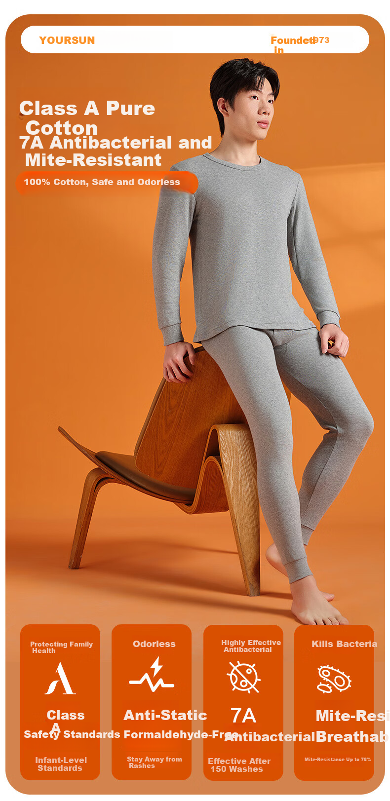 Yiershuang [Class A 100% Pure Cotton] Men's Thermal Underwear Set Antibacterial Youth Autumn Long Johns Full Cotton Sweater 1