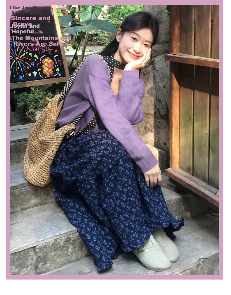 Langsha Navy Blue Floral Print High-Waist A-Line Skirt for Women 2026 Spring Vintage Casual Lazy Style Long Skirt 2