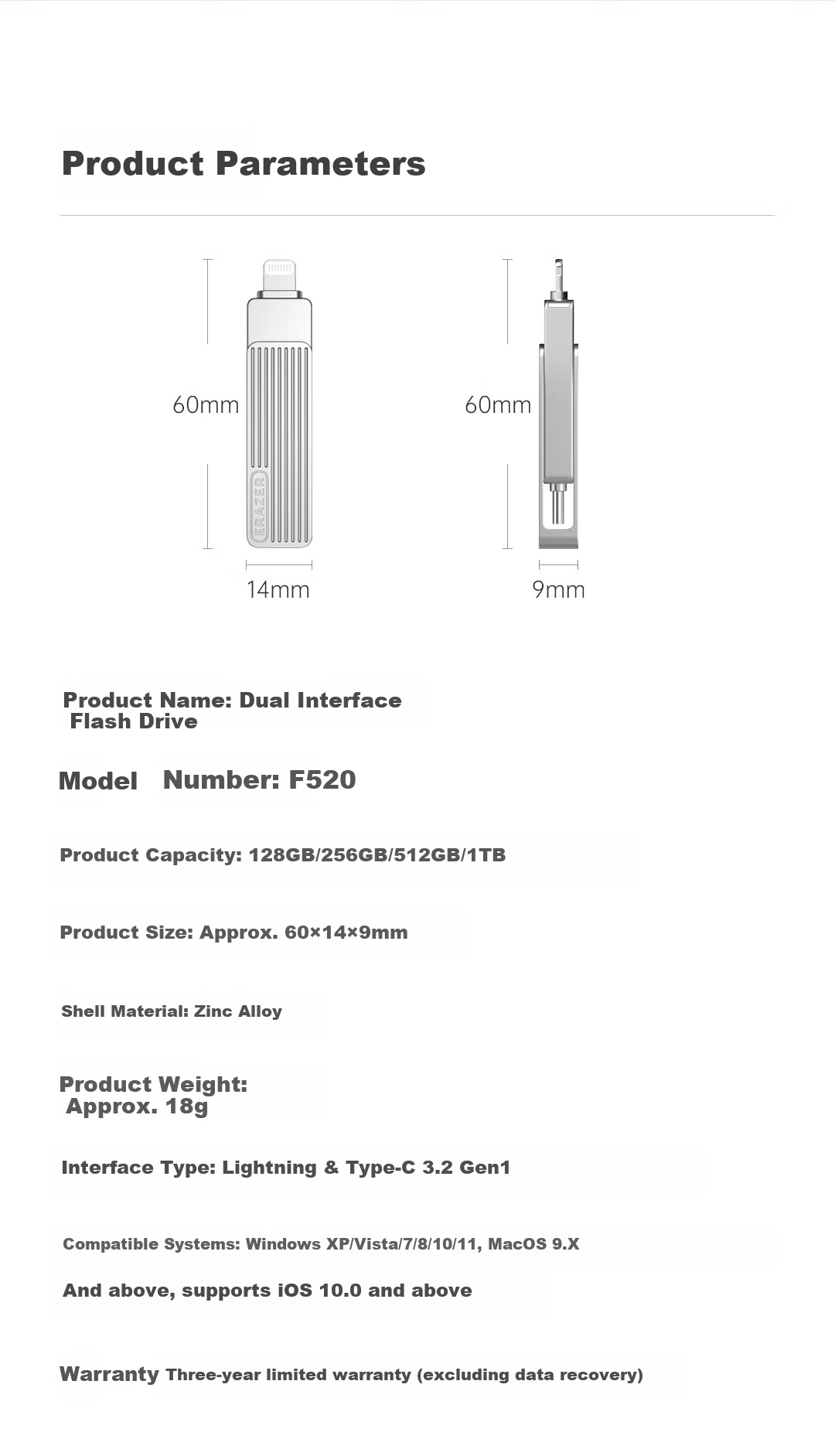Lenovo Ecosystem Brand Yinen 128GB Type-C Lightning Dual Interface USB 3.2 Apple iPhone Flash Drive F520 One-Key Backup Android Apple Universal USB Drive 7