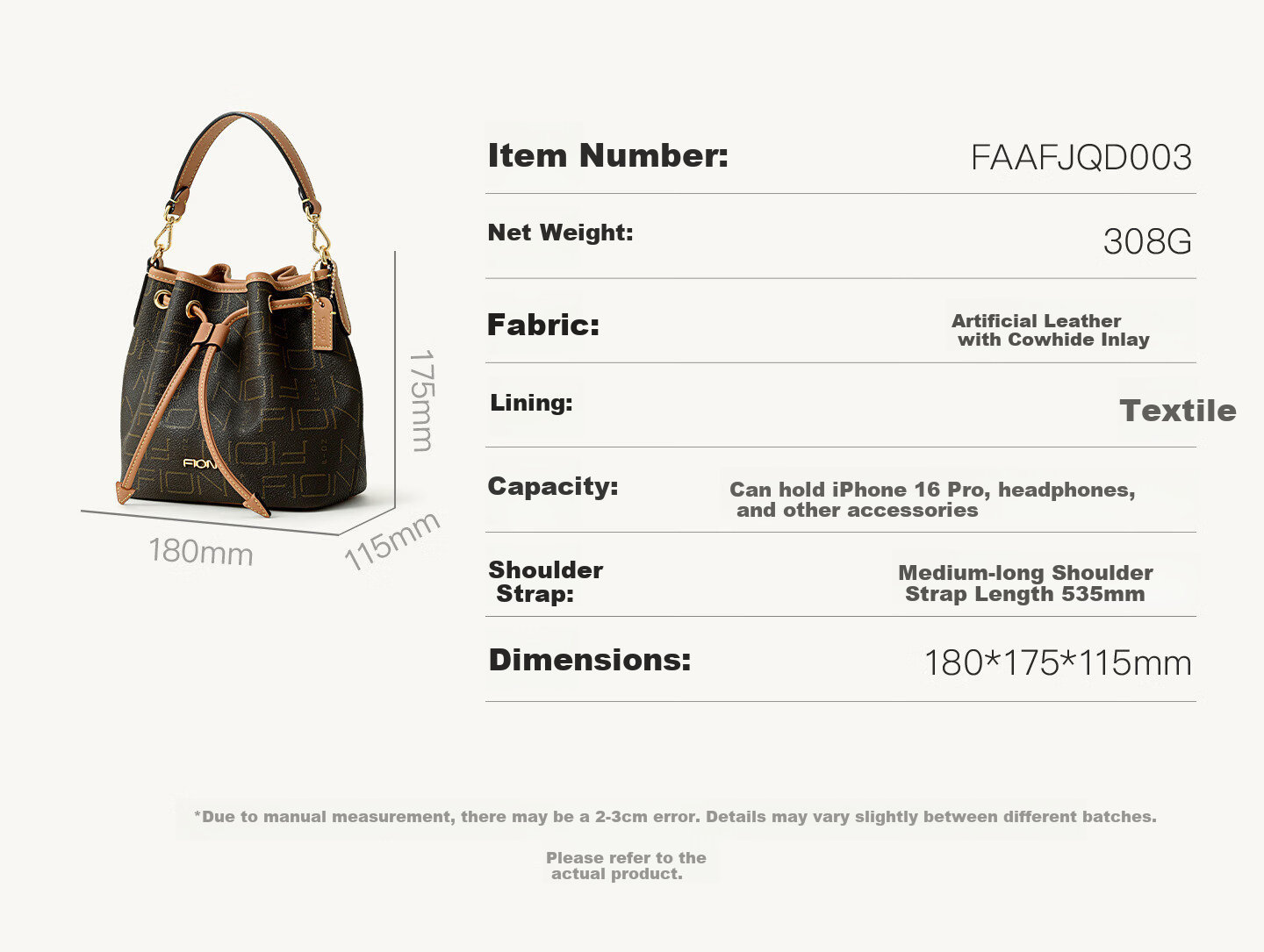 FION New Women's Bucket Bag Classic Monogram Drawstring Shoulder Crossbody Bag Birthday Gift 3