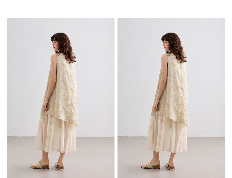 Demana Summer Faux Two-Piece Spliced Chiffon Lightweight Loose Sleeveless A-Line Mid-Length Dress with Cutwork and Print 10