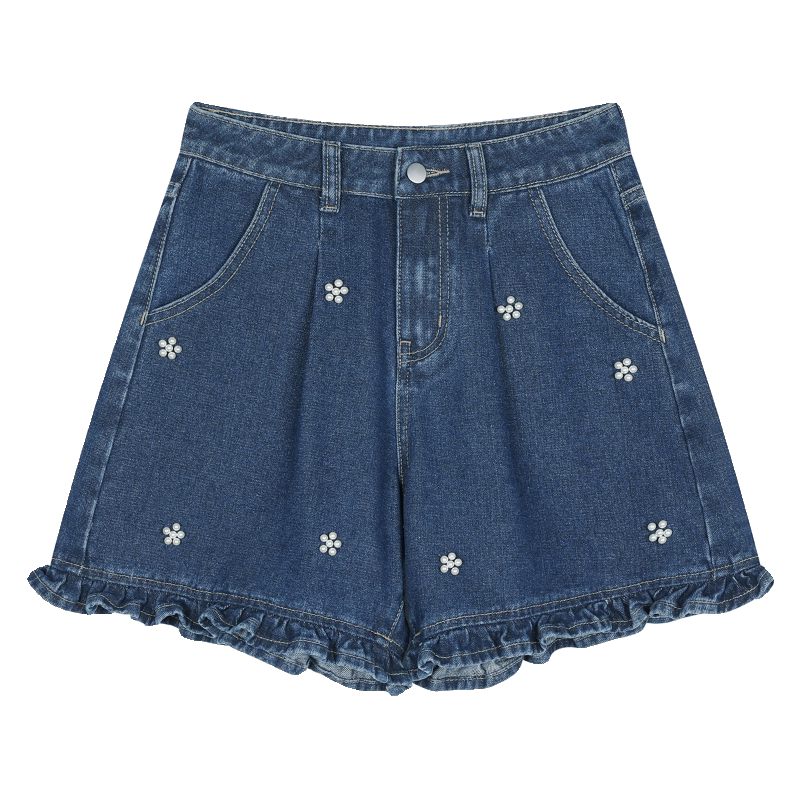TonLion 2026 Summer Women's Ruffle Denim Mid-Shorts Deep Indigo Blue Size 27