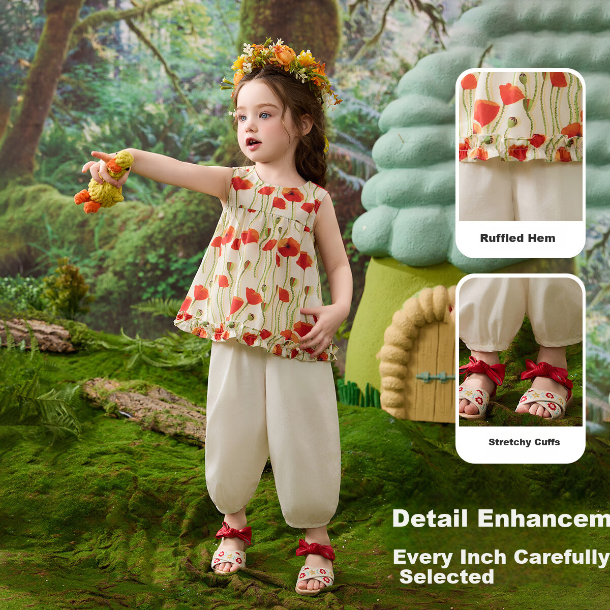 ASK JUNIOR [Pastoral French Style] Children's Set Toddler Floral Sleeveless Vest Top Lantern Pants Mosquito-Repellent Girls Two-Piece Set 2