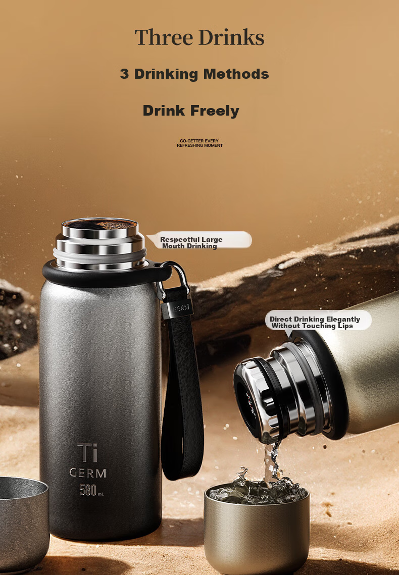 Germ Pure Titanium Insulated Water Bottle for Men and Women with Temperature Display, Direct Drinking Tea Cup, High-End Gift, 580ML Black Gold 16