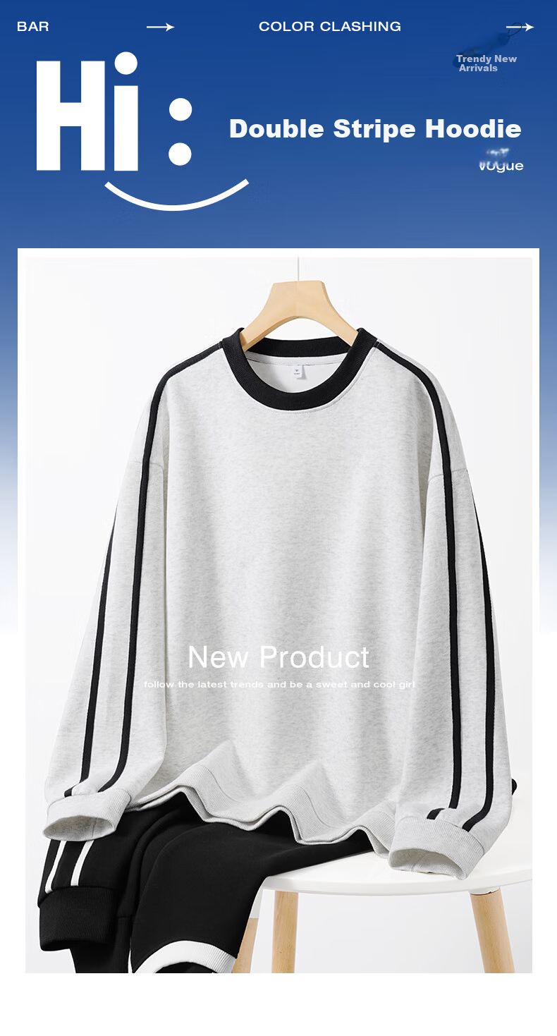 Jeanswest American Casual Navy Crew Neck Sweatshirt for Women 2026 Spring New Loose Fit Hoodless Long Sleeve Top with Two Stripes 2