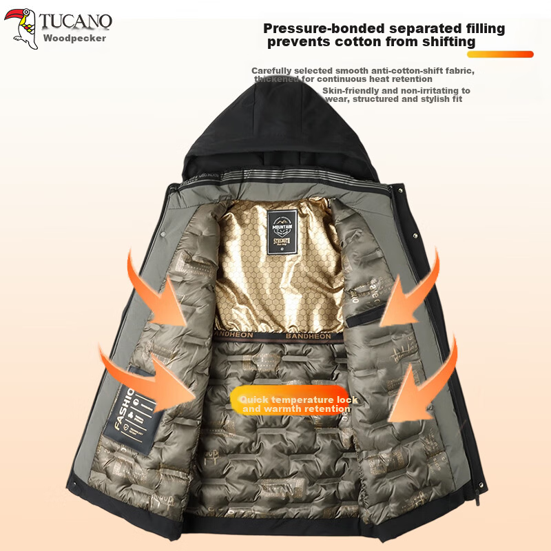 TUCANO Men's Winter Cotton Padded Jacket, Fleece Lined Thickened Coat, Men's Cold-Resistant Warm Business Casual Hooded Outerwear
