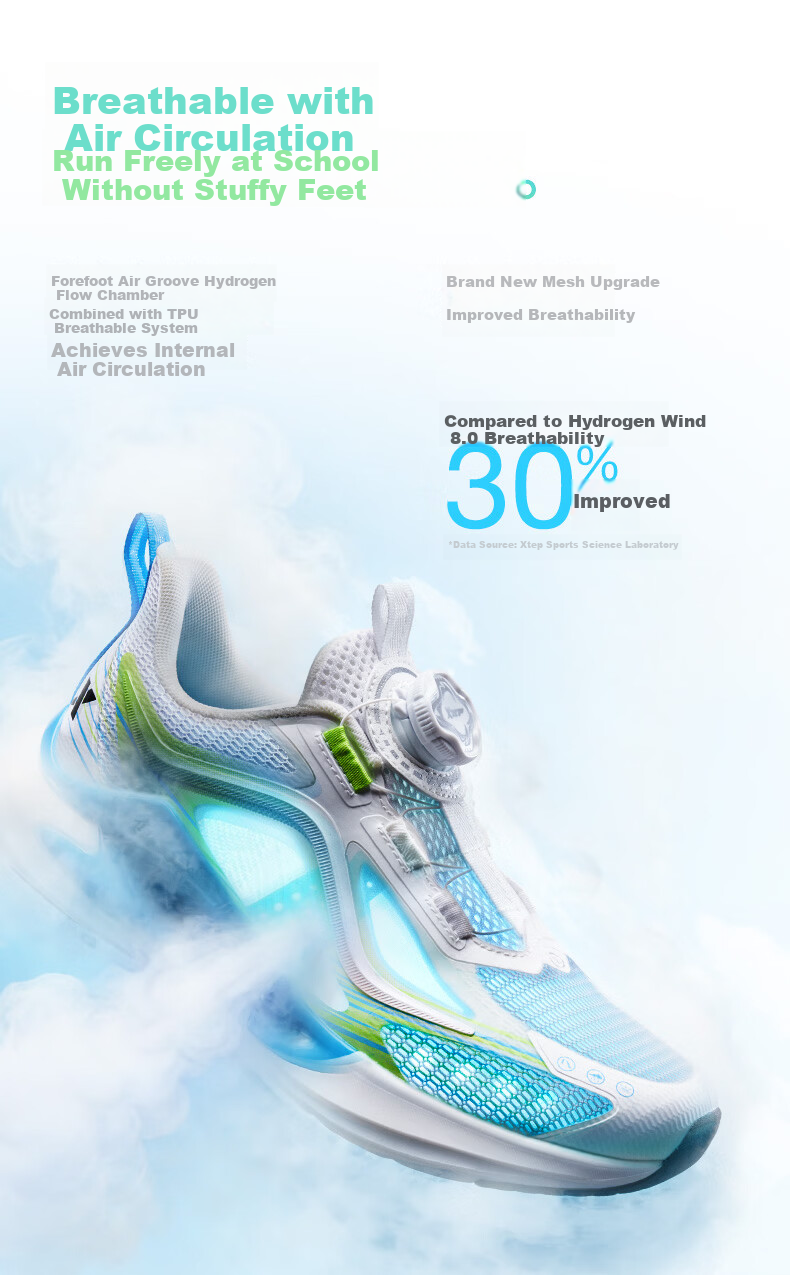 XTEP Youth Hydrogen Wind 9.0 Boys' Dial Running Shoes Sports Shoes Classic White/Super Green/Sea Blue Size 40 7