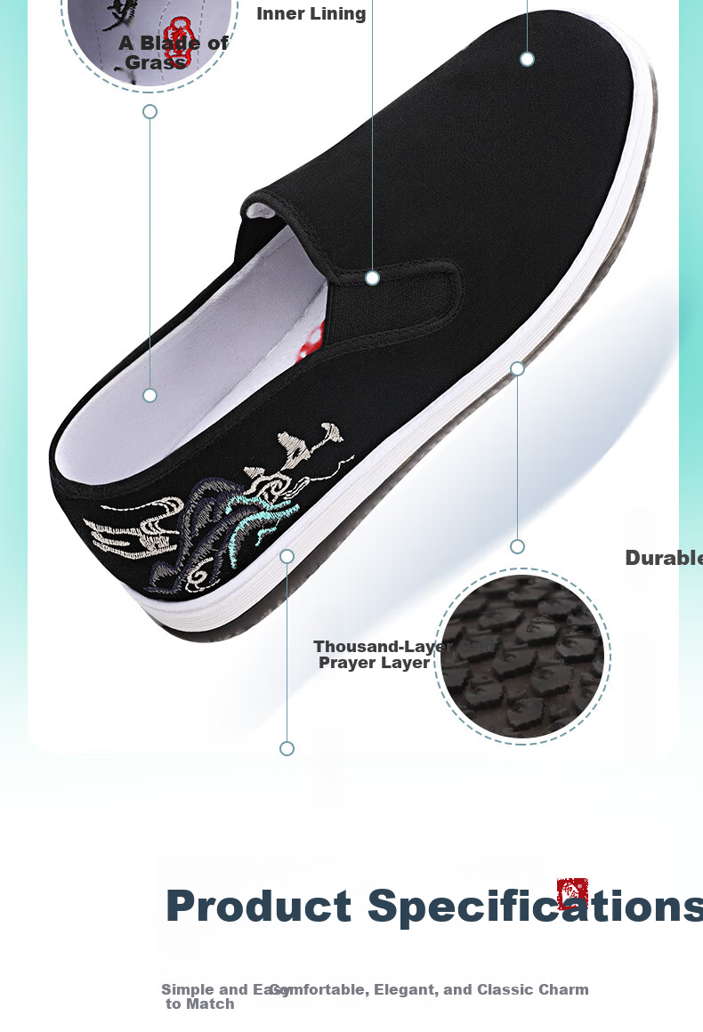 BUSHEYUAN Traditional Men's Cloth Shoes National Trend Embroidered Youth Thousand-Layer Sole Old Beijing Cloth Shoes Men 511-0413 Black Size 39 9