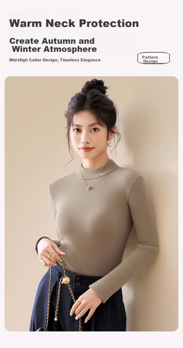 Caiyue Fleece-Lined Thickened Base Shirt Women's Lamb Wool Half Turtleneck Thermal Top Winter Cold-Resistant Mid-Neck Windproof Underwear 9