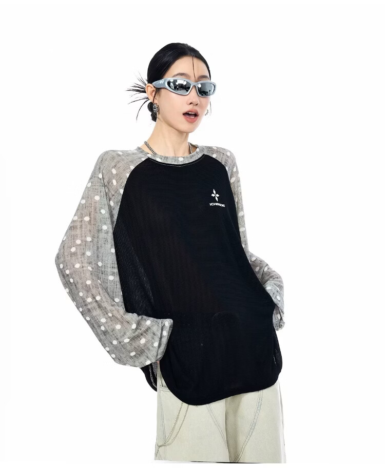 ICH MODE Polka Dot Raglan Sleeve Color Block Long Sleeve T-Shirt Physical Sun Protection Sheer Breathable Summer Top for Women Pink XL 5