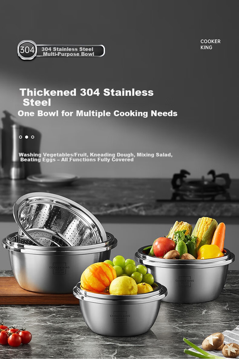 Chuida Huang Thickened 304 Stainless Steel Bowl 26cm Seasoning Bowl Vegetable Washing Bowl Salad Bowl Dough Mixing Marinating Bowl 2