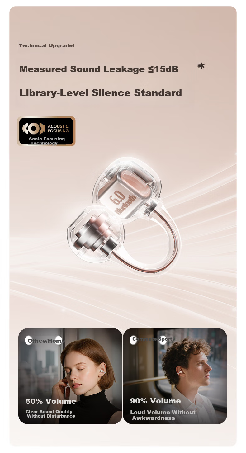 Touris [Over 1 Million Sold Online] AI Bluetooth Ear Clip Earphones Berlin Sound-Level Bone Conduction Wireless Open-Style Running Sports Noise-Cancelling Ear-Hook Red 8