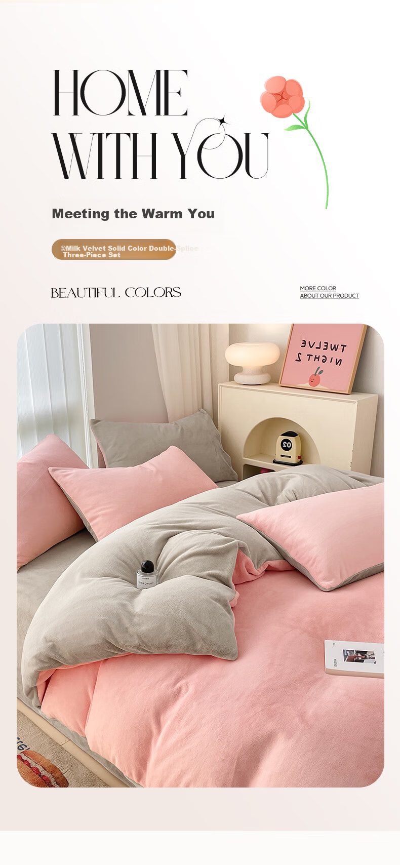 Grace Milk Velvet Three-Piece Set Student Dormitory Bedding - Milk Velvet - Warm Pink Small Size 1