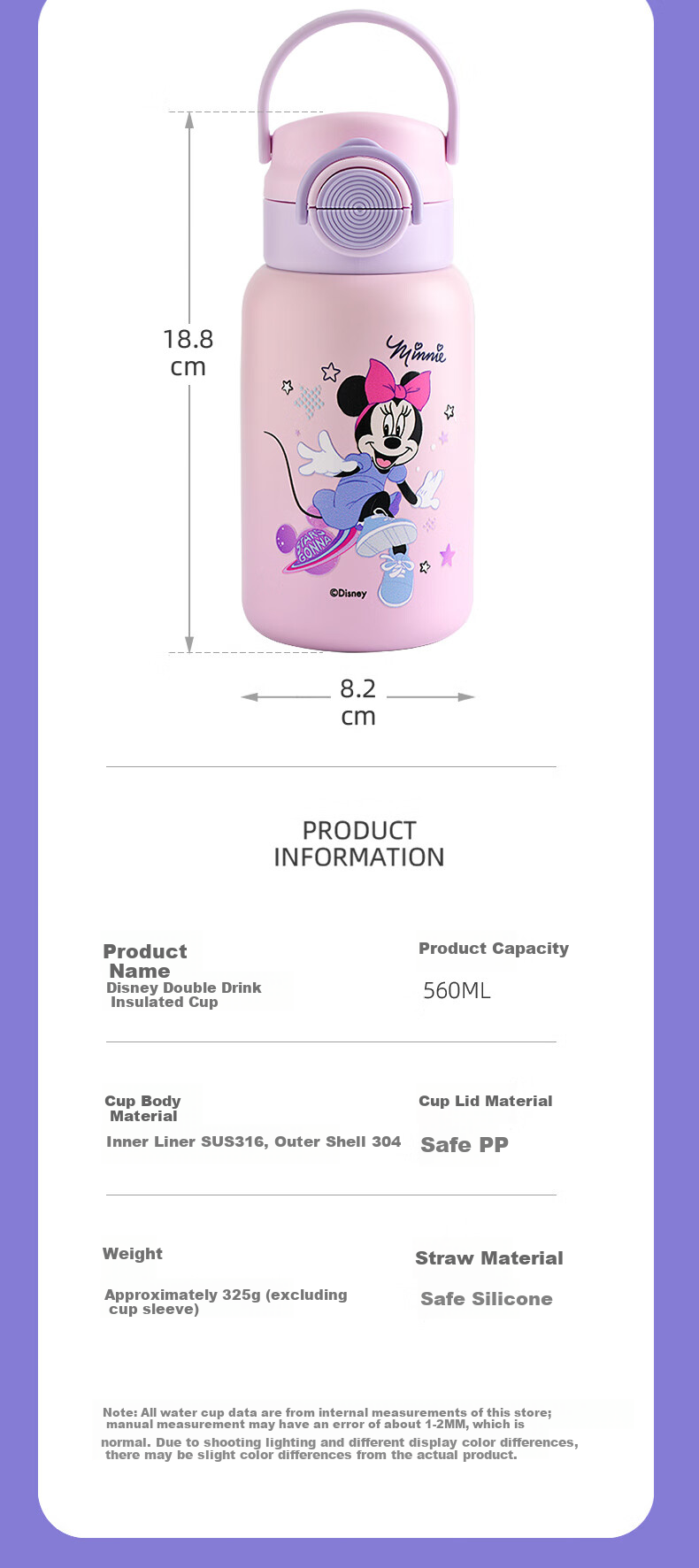 Disney 316 Stainless Steel Insulated Water Bottle 560ML Double-Use Kids Cup 6656 Minnie 4