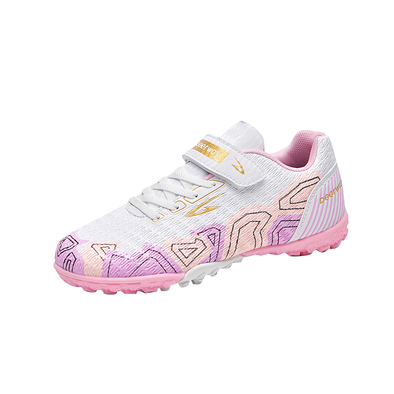 DEERWAY TF Studded Kids Soccer Shoes Boys Girls 6-12 Years Breathable Cushioning Training Match Shoes White Pink Size 34