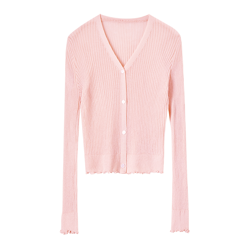 Shangdubila Casual Vacation Style Knitted Cardigan Women Spring V-Neck Slim Thin Shirt Ballet Pink One Size