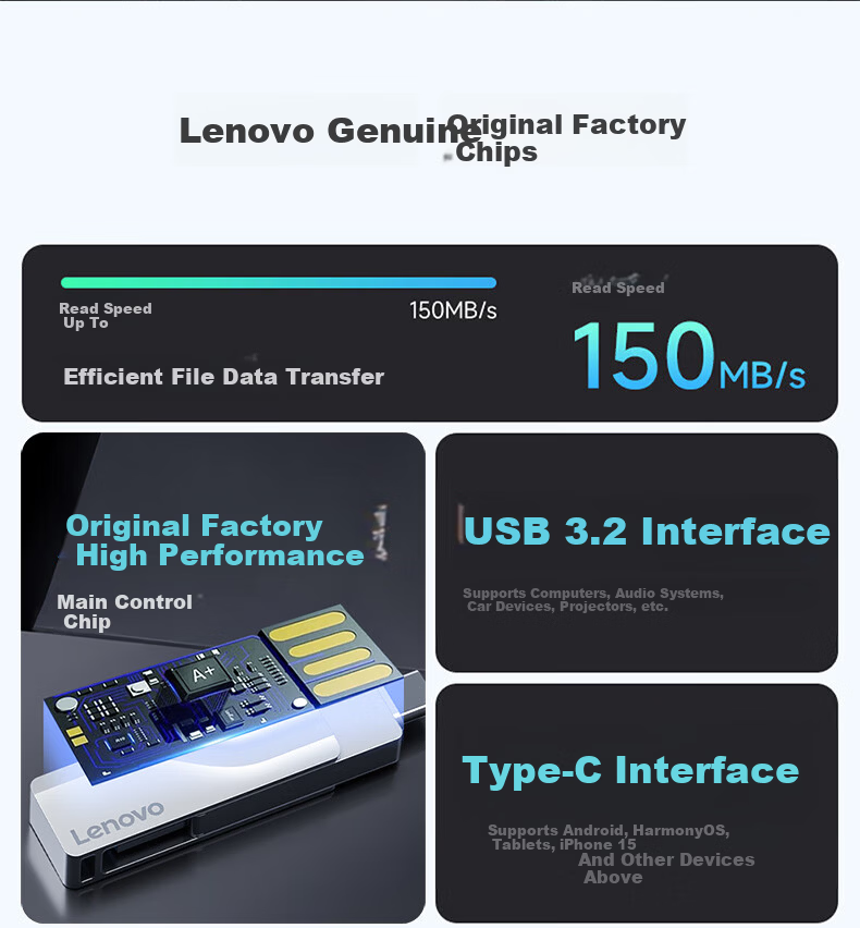 Lenovo 32GB Type-C Dual Interface USB 3.2 High-Speed Metal USB Flash Drive for Phone and PC, Large Capacity, Dual-Head, Car, Study, Office, Business USB Drive X5U - Silver 3