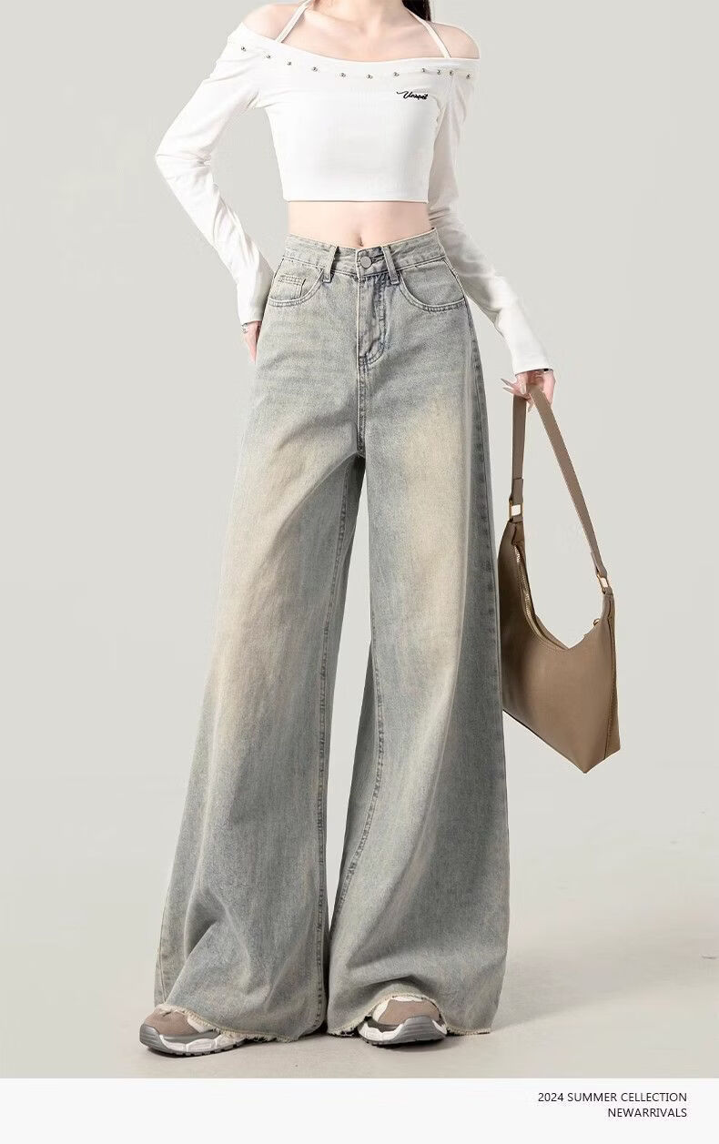 Jeanswest Women's Jeans 2026 Vintage Washed Straight High Waist Loose Distressed Raw Hem Wide Leg Pants Nostalgic Blue L 5
