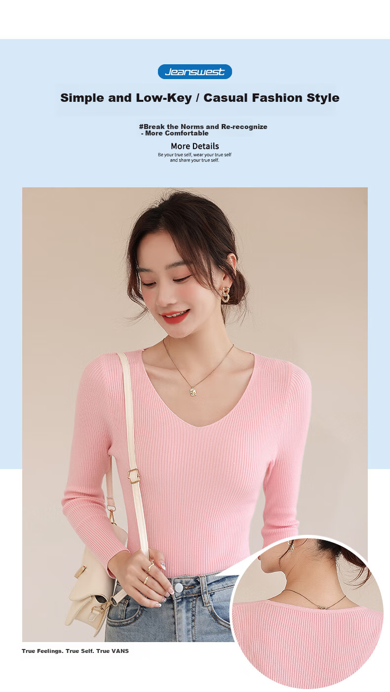 Jeanswest Women's Knitwear 2026 Spring Summer Slim Fit V-Neck Long Sleeve Base Layer Top White One Size 2