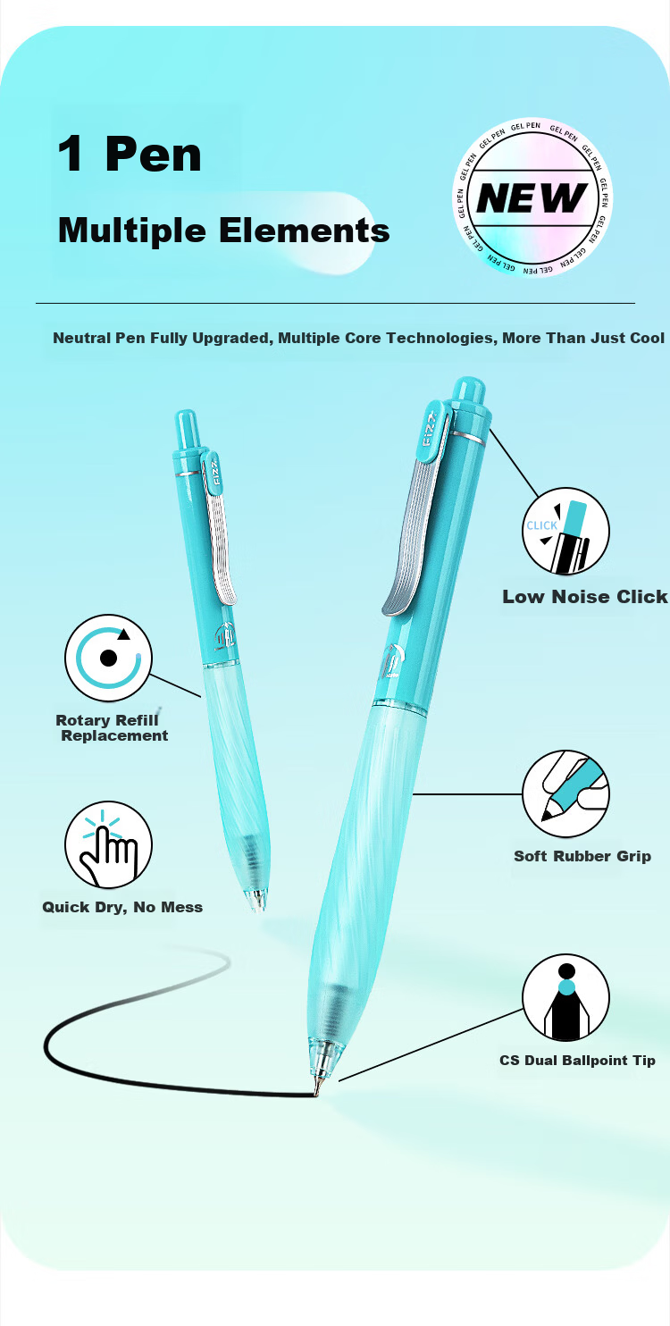 Fizz Low Noise Click Gel Pen 0.5mm Quick-Dry Dual Ballpoint Soft Grip Large Capacity Office Signature Pen Green B73012 2