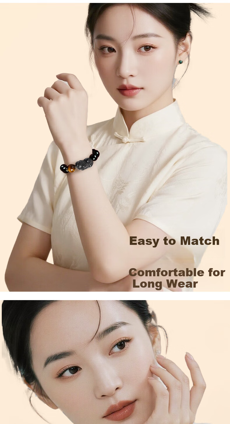 Emei Mountain Obsidian Bracelet Wealth Pixiu Men's Gold Obsidian Spinning Heart Sutra Amulet Gift for Boyfriend 14mm 9