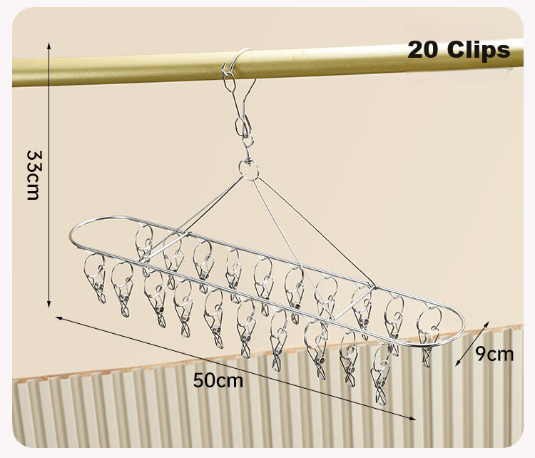 MENGTING Stainless Steel Multi-Functional Clothes Peg Hanger Sock Rack Windproof 20 Clips 8