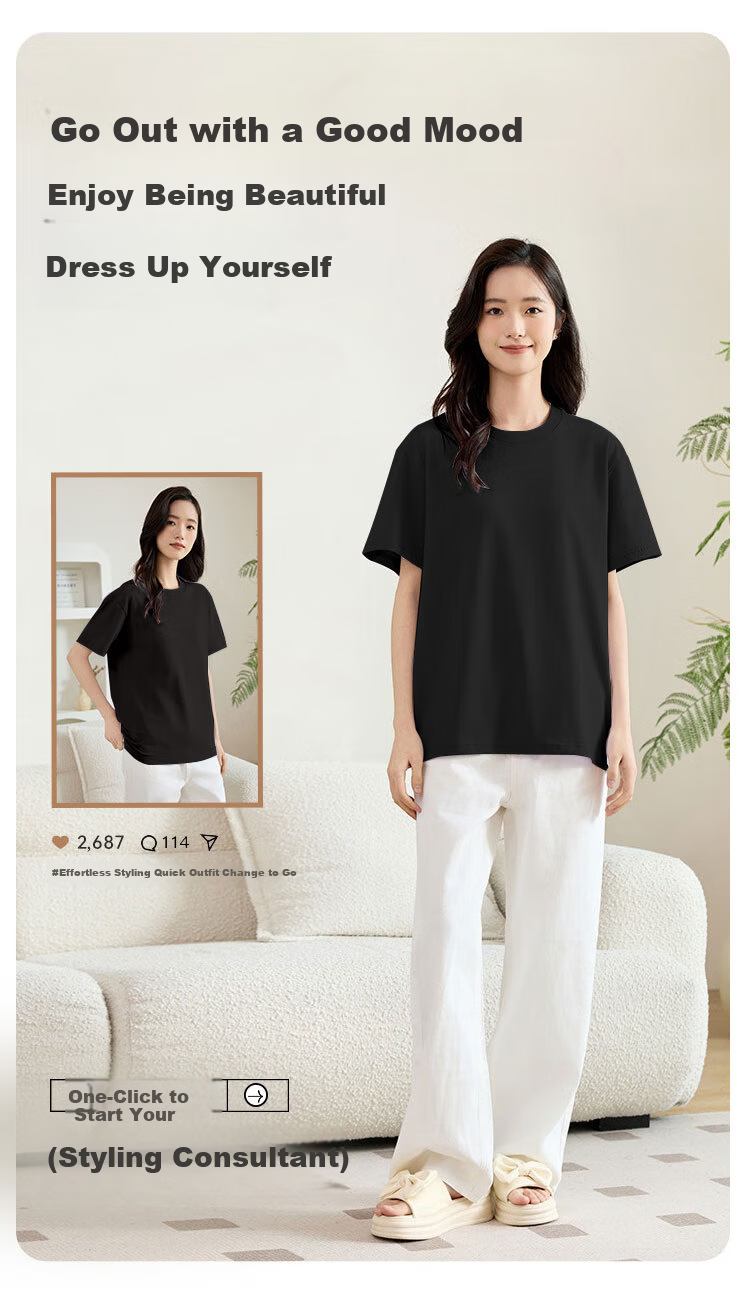Woodpecker Women's Short Sleeve T-Shirt 2025 New Summer Round Neck Loose Fit Solid Cotton Casual Half Sleeve Top Black 2XL 6