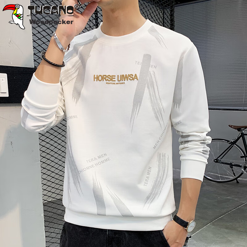 TUCANO Men's Sweatshirt Spring Autumn Long Sleeve T-Shirt Round Neck Loose Casual Base Shirt White L