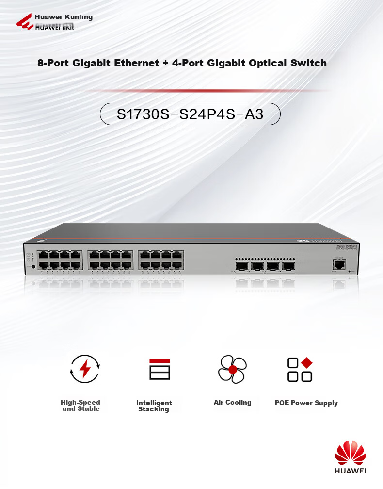 Huawei Kunling S1730S-S24P4S-A3 Gigabit POE Switch 24-Port Gigabit Ethernet + 4-Port Gigabit Fiber Enterprise-Level Layer 2 Managed Network Hub for Home and Office 1