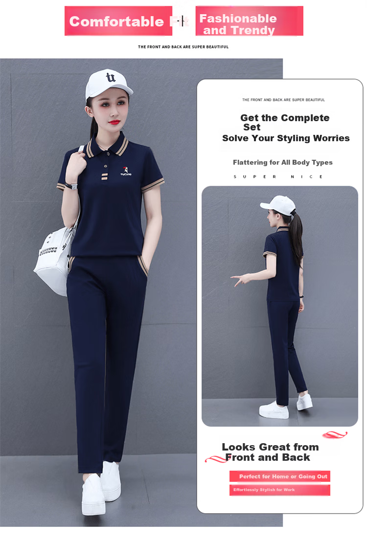 Woodpecker Pure Cotton Casual Sports Polo Set for Women Summer Fashion Youthful Middle-aged Mom Two-piece Set Royal Blue L 2