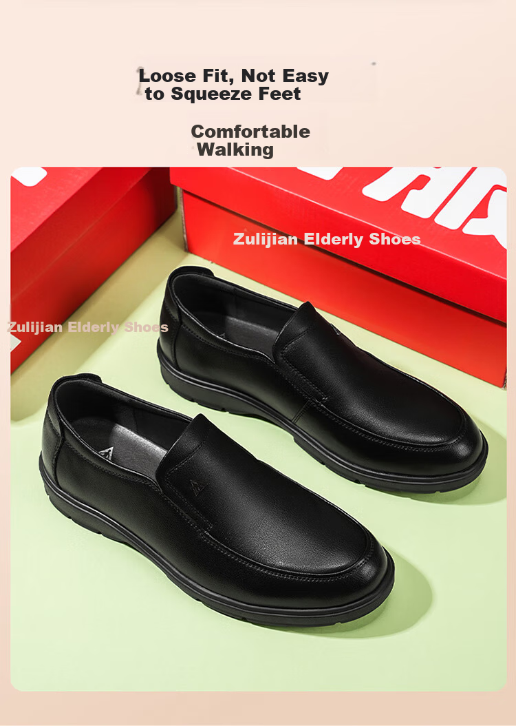 Zulijian Elderly Shoes Summer Breathable Slip-On Loafers Men's Business Casual Leather Shoes 6052K Black Size 41 7