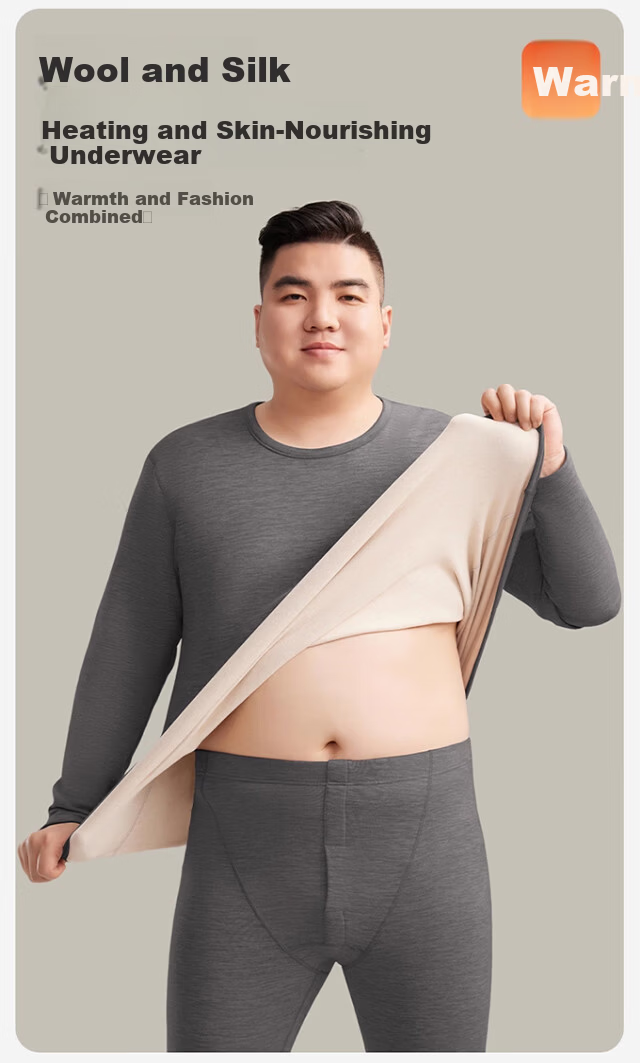 Caiyue Plus Size Men's Thermal Underwear 10A Antibacterial Wool Silk Large Size Fleece Autumn Shirt and Pants Set 2